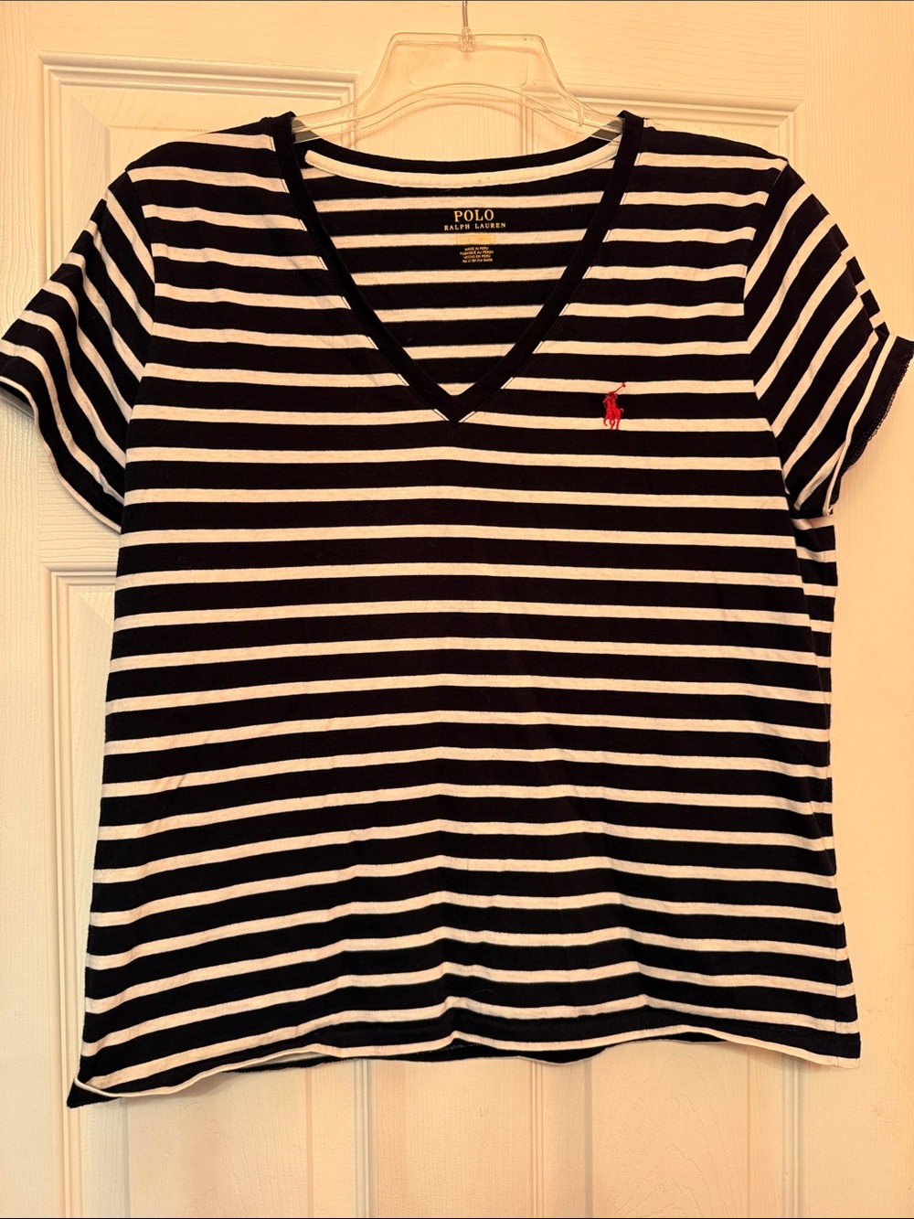 Polo by Ralph Lauren Black and White Striped V‑Neck Tee with Red Pony